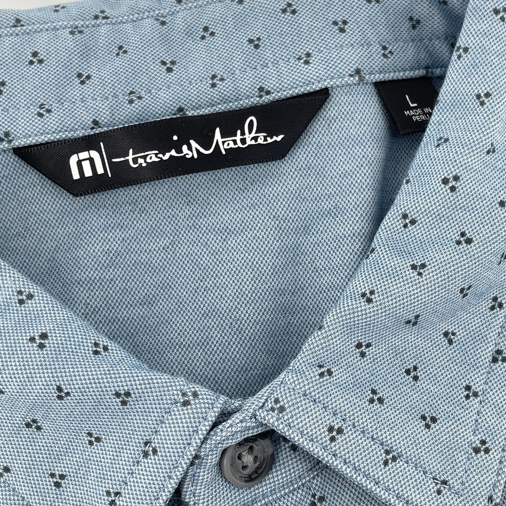 TravisMathew Men's L Blue Golf Polo Shirt Pima Cotton Blend Print Embroidered